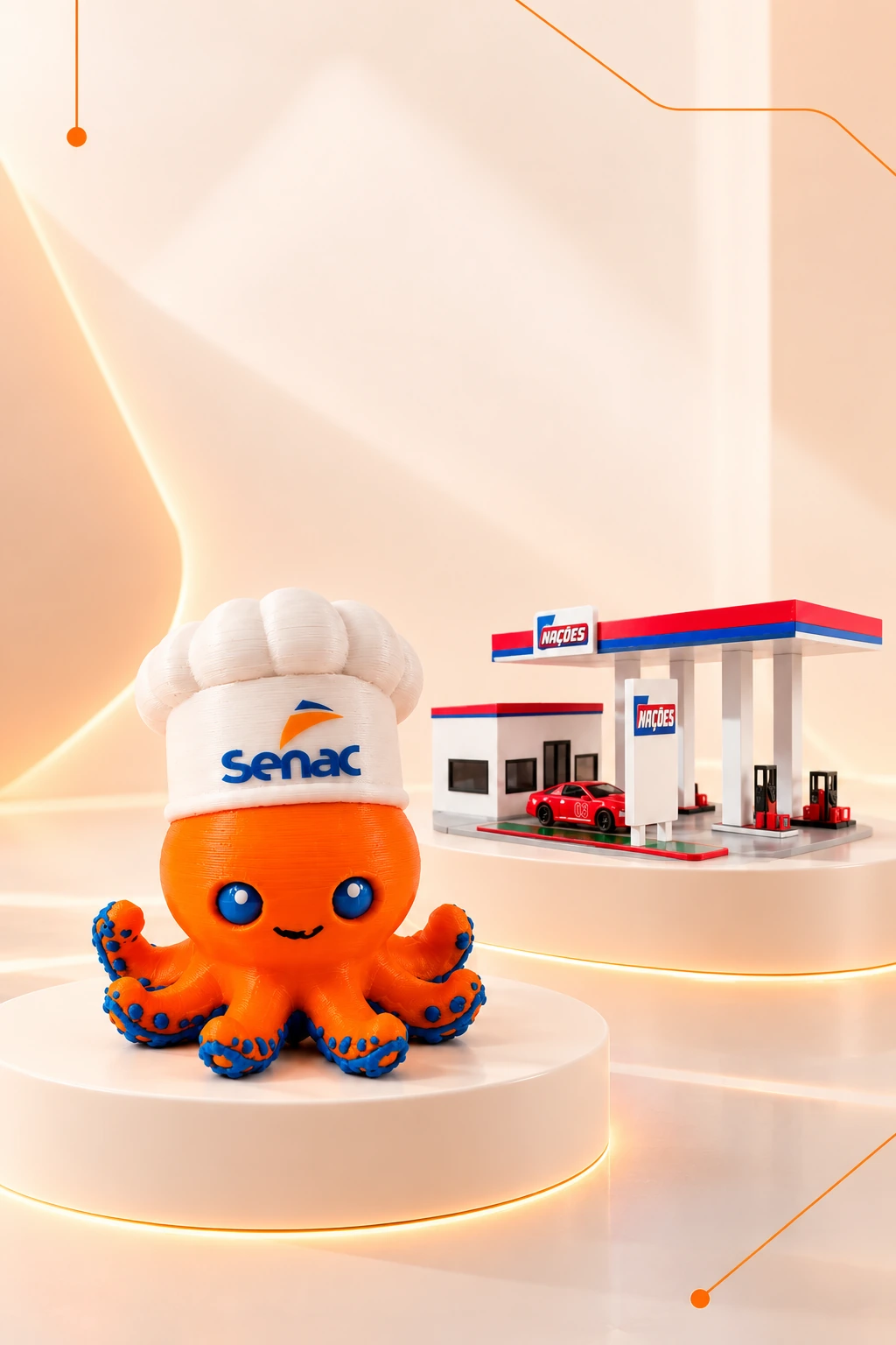 Boneco polvo laranja com chapéu de chef Senac e miniatura de posto de gasolina Nações em pedestais claros