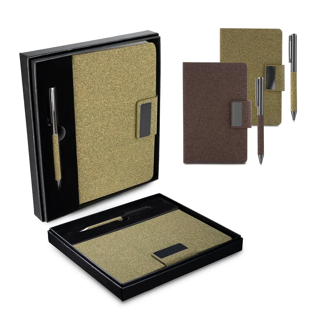 [24170008001] Kit escritório A5 em PU e fibra de café ou chá e Caneta Metalica  (02 - Silk Plano, 03 - Laser metal)