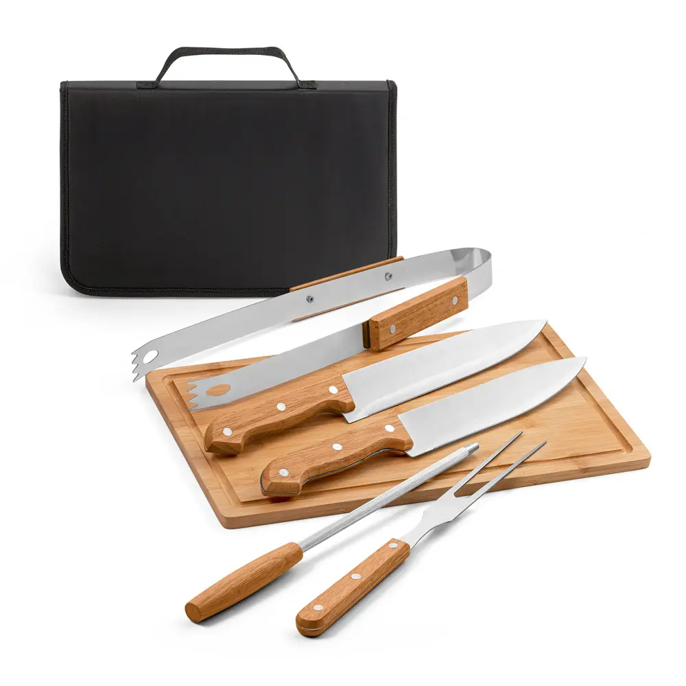 [14340016003] Kit churrasco em Aço Inox e Madeira de Seringueira (02 - Silk Plano, 03 - Laser metal KIT 2, 09 - Laser Madeira)