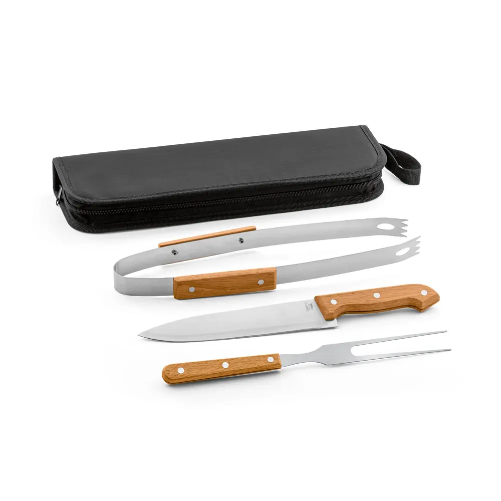 [23340022001] Kit Churrasco em Estojo de 210D com 3 Utensílios em Aço Inox e Madeira de Seringueira (02 - Silk Plano, 03 - Laser metal KIT 2, 09 - Laser Madeira)